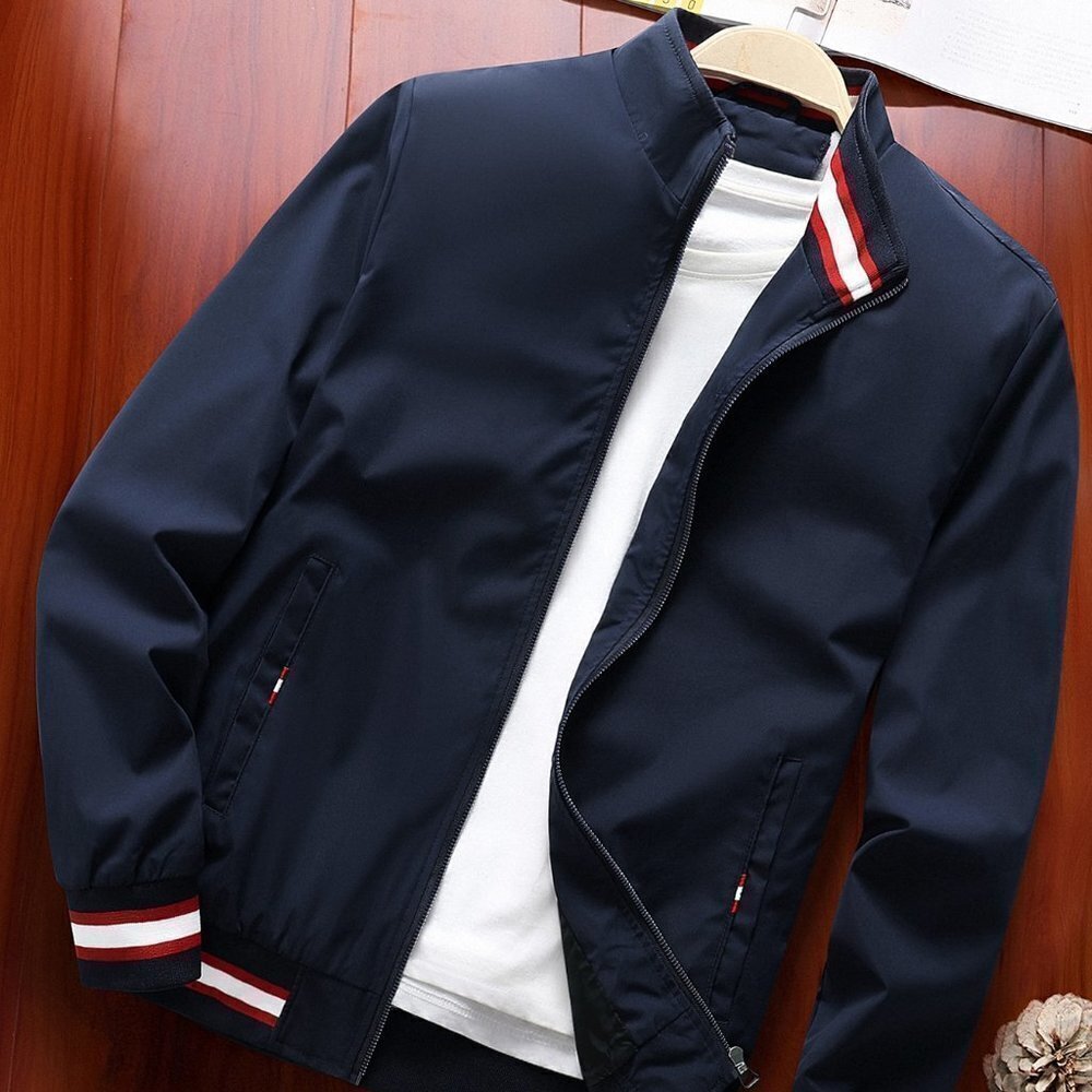 Blue Casual Mens Striped Trim Zip Up Jacket
